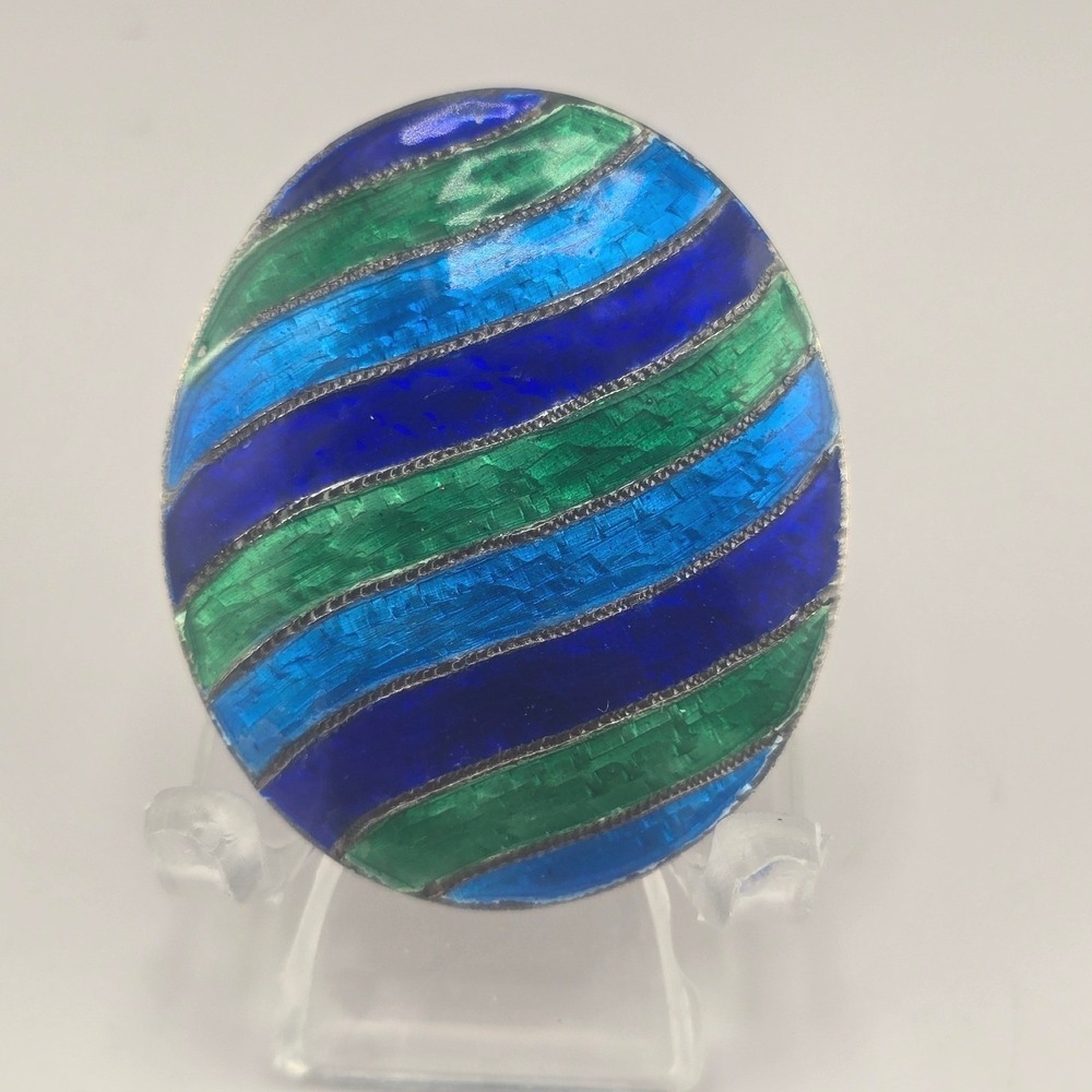 Vintage Estate Brooch Pendant Blue Green Enamel Striped Sterling Silver 1.25in